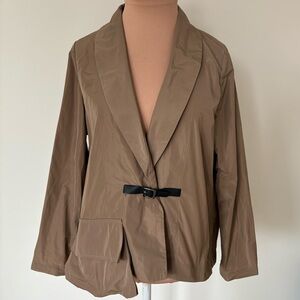 SUN KIM High-Low Lagenlook Pocket Khaki Brown Buckle Detail Shirt Jacket EUC XS